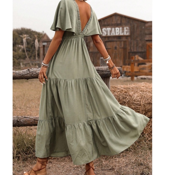 Boho Solid Deep V neck Butterfly Sleeve Ruffle Hem Maxi Dress - Picture 5 of 9